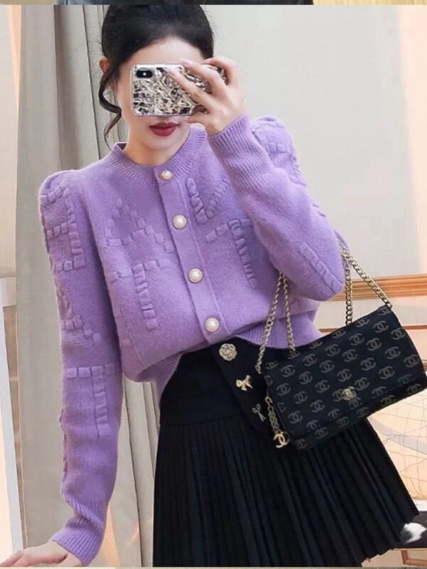 Retro Chanel-Style Sweater Coat for Women, Autumn and Winter 2026 New Model, Elegant and High-End Puff Sleeve Knit Top