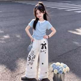 2026女童韩版休闲风套装夏新款时尚抽绳短袖T恤花边阔腿裤两件套