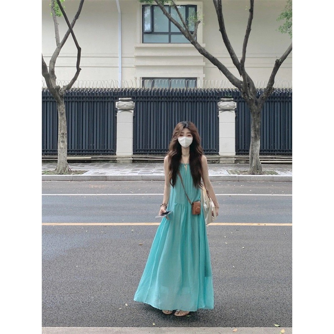 여성을위한 프렌치 할로우 서스펜더 드레스 여름 해변 휴가 스타일 비치 스커트 주름진 게으른 편안한 롱 스커트