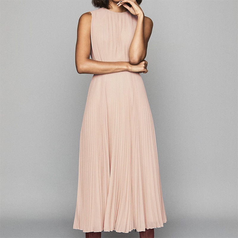 Foreign trade fashion sweet temperament artistic fresh sleeveless round neck bottoming high waist over the knee pleated European station dress