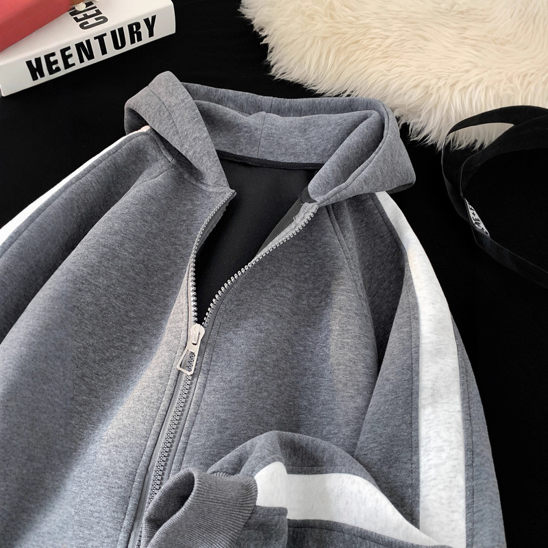 Hooded Color-Blocked Sweatshirt for Men, Autumn American-Style Heavyweight Zip-Up Jacket, Trendy Brand Loose-Fit Outerwear for Teenagers