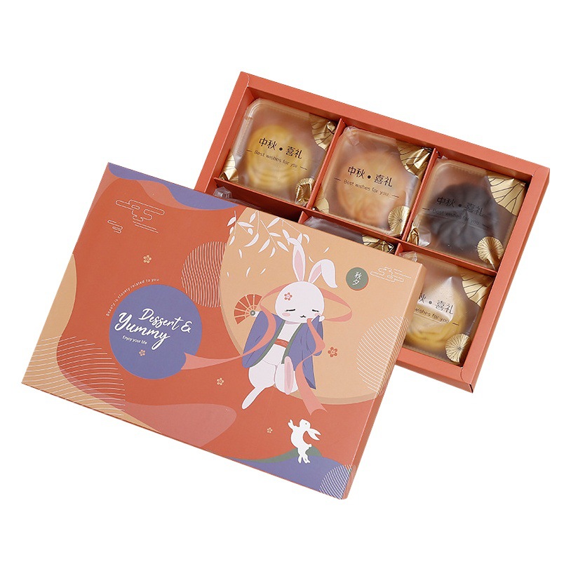 2023 nueva luna de conejo naranja caja de pastel de luna de mediados de otoño caja de embalaje 80g 6 piezas yema de huevo crujiente caja de regalo para hornear