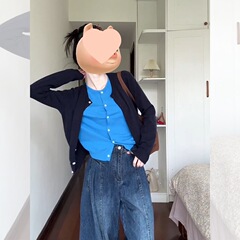别致蓝色假两件针织开衫女春秋撞色拼接毛衣外套洋气上衣