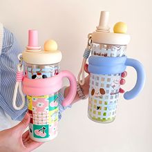 新款女生夏天水杯高颜值可爱双饮吸管杯办公桌面卡通手柄泡茶杯子