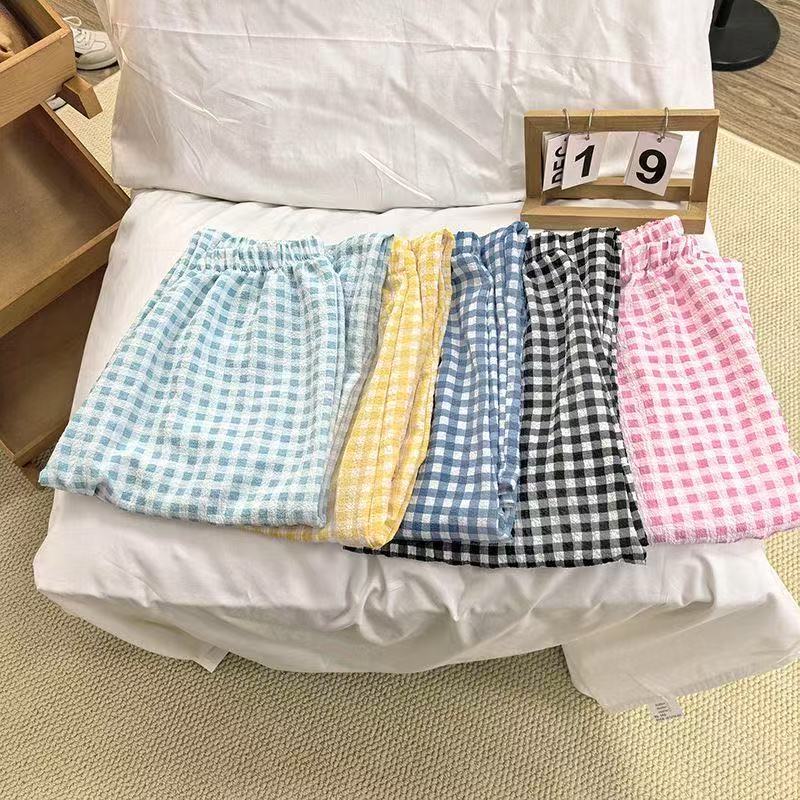 理想格夏季新款睡裤宽松垂感格子裤休闲直筒遛弯裤女士阔腿裤批发
