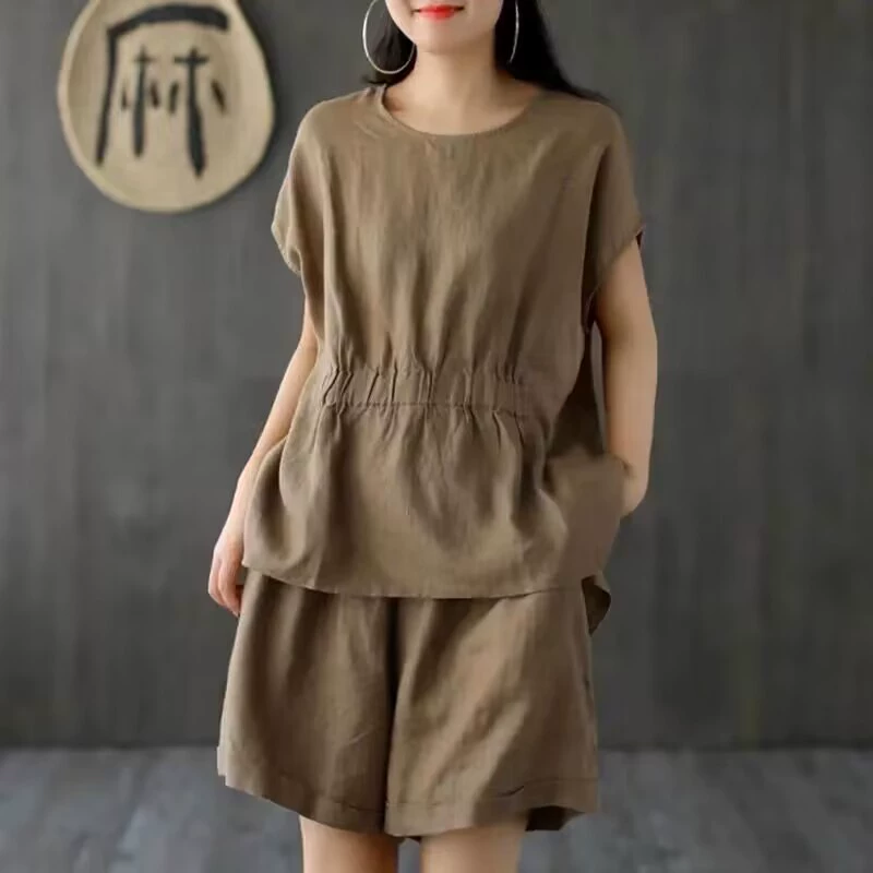 Bargain~ Оригинальная футболка из хлопка и льна в японском стиле с короткими рукавами, повседневные шорты с пятью точками, широкие брюки, льняной комплект из двух предметов для женщин
