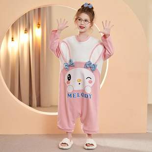 New pure cotton one-piece children's pajamas girls' long nightdress pants Cute Korean cartoon primary school student home wear