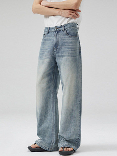 LKTM men's wear #washed blue and white gradient contrast A-line jeans men's fashion brand loose casual straight floor trousers