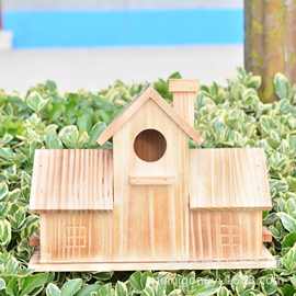 木质庭院鸟别墅家用实木鸟窝摆件田园户外鸟巢别墅式挂件喂鸟器