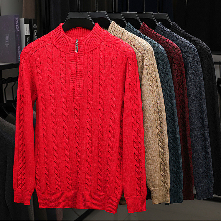 Otoño y invierno de mangas largas de torsión nuevos productos gruesos de media altura cremallera camisa de punto de color sólido hombre Jacquard suéter casual hombre