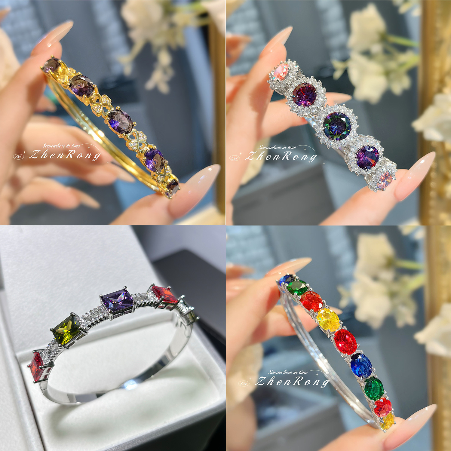 时尚气质仿天然紫水晶手镯女高级感满钻雪花七彩碧玺彩宝手环卡扣