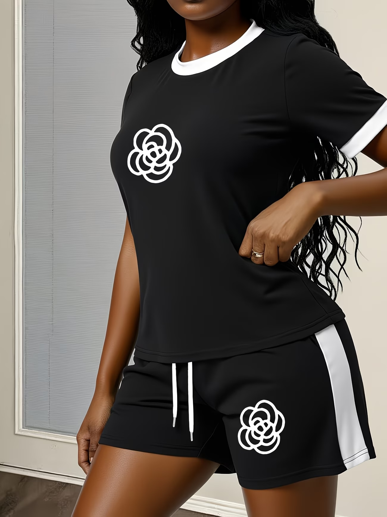 Damen Luxus Kurzarm Set Mit Druck Und Farbblock Für Den Sommer_voghion.com
