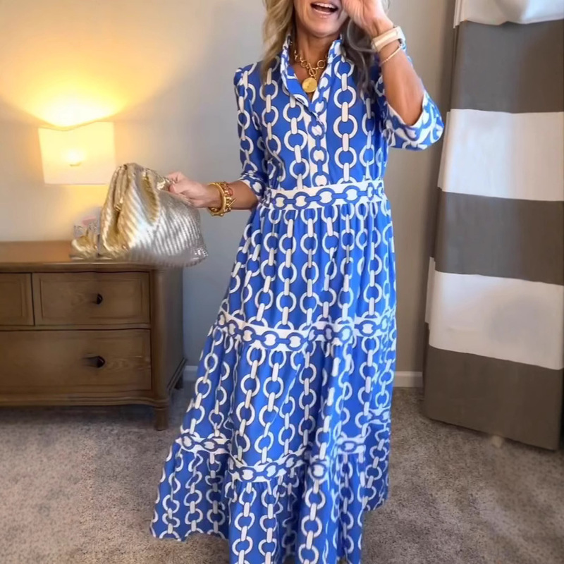 2025 Cross-Border European and American Independent Site Amazon In-Stock Women's Spring and Summer Geometric Print Round Neck Long Dress 2025 Cross-Border European and American Independent Site Amazon In-Stock Women's Spring and Summer Geometric Print Round Neck Long Dress