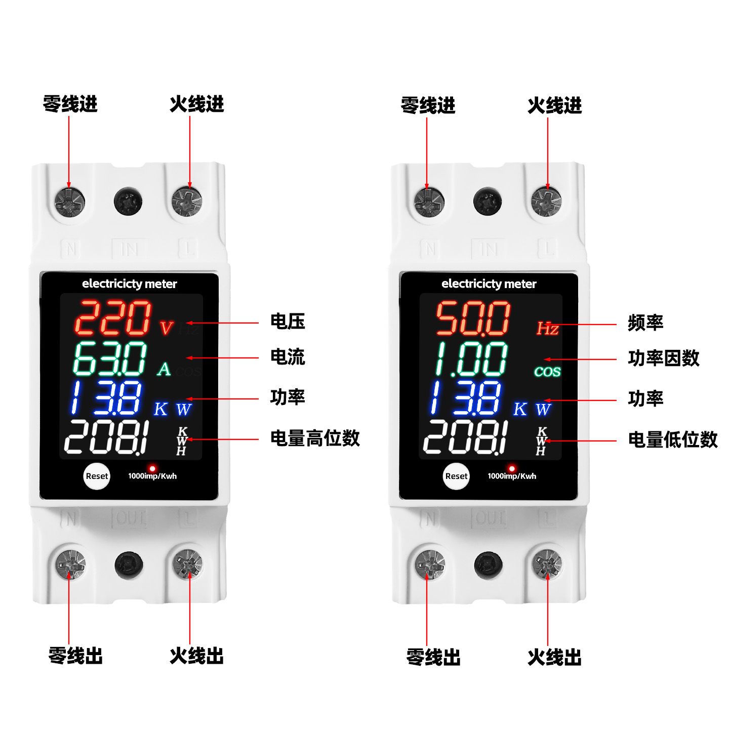 Pantalla de color de protección contra sobretensión de pantalla digital multifuncional de voltaje de corriente de factor de potencia AC30 - 400V