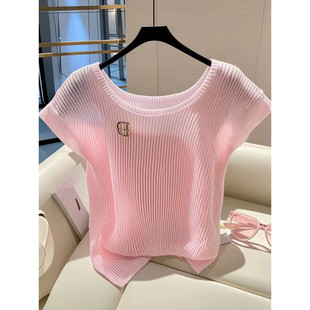 Q1E This Year's Popular Beautiful Pink Knitted T-Shirt Women's Summer Light and Breathable Loose Age-Reducing Ice Silk Short-Sleeved Top