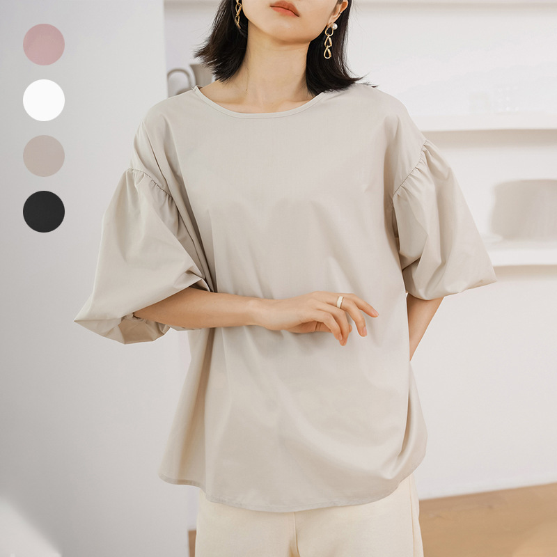 Lotte New Crewneck Shirt Women's Japanese and Korean Summer Loose Cotton Oversized Lantern Sleeve Top Cross-border Explosions