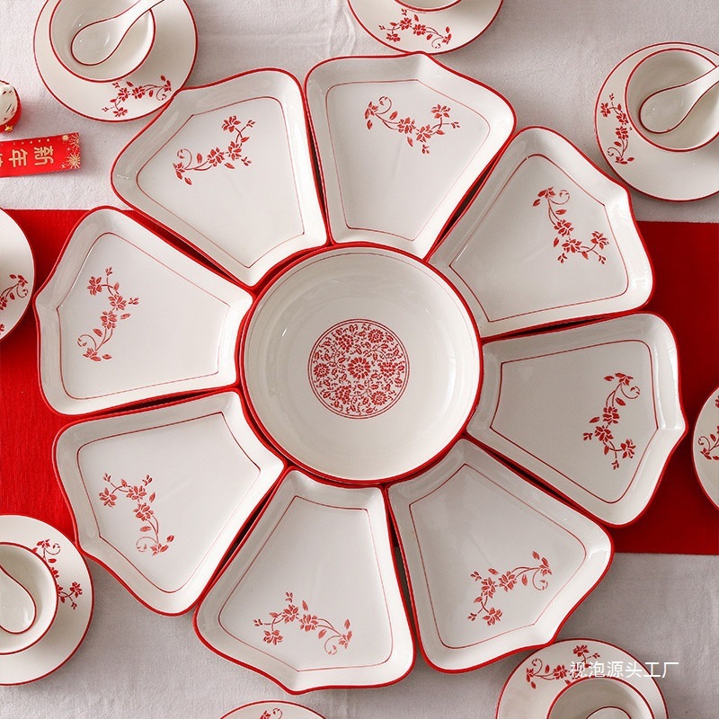 中国红团圆拼盘餐具组合过年陶瓷盘家庭聚餐圆桌碗碟套装乔迁视泡|undefined