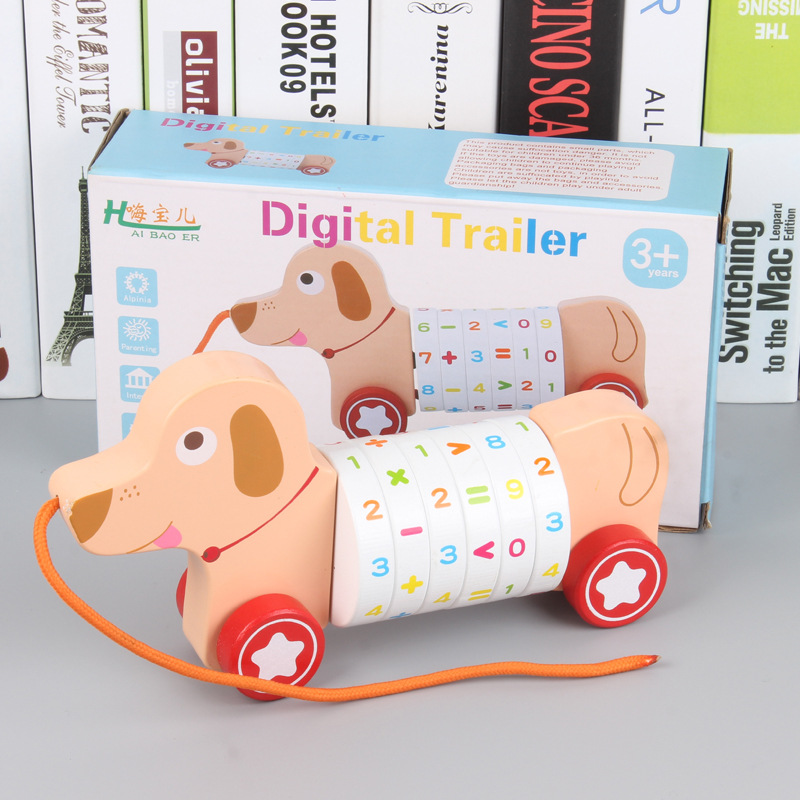 Niños dibujos animados digital cachorro animal remolque coche de madera coche de juguete cachorro de madera cocodrilo remolque juguete