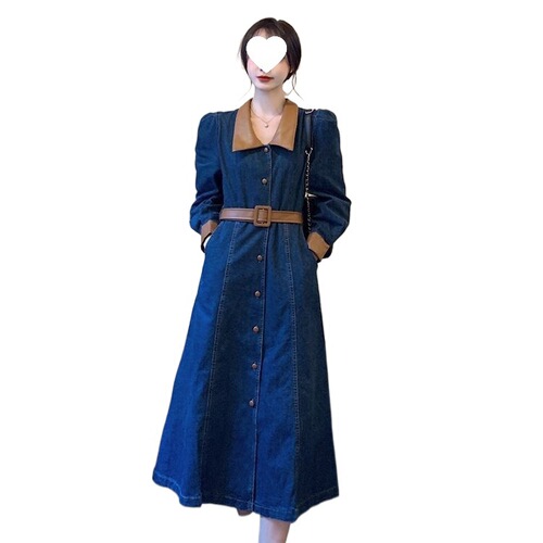 Gentle autumn tie and waist pinching dress, large size fat mm, slimming waist waist, long-sleeved shirt, denim skirt, medium and long length