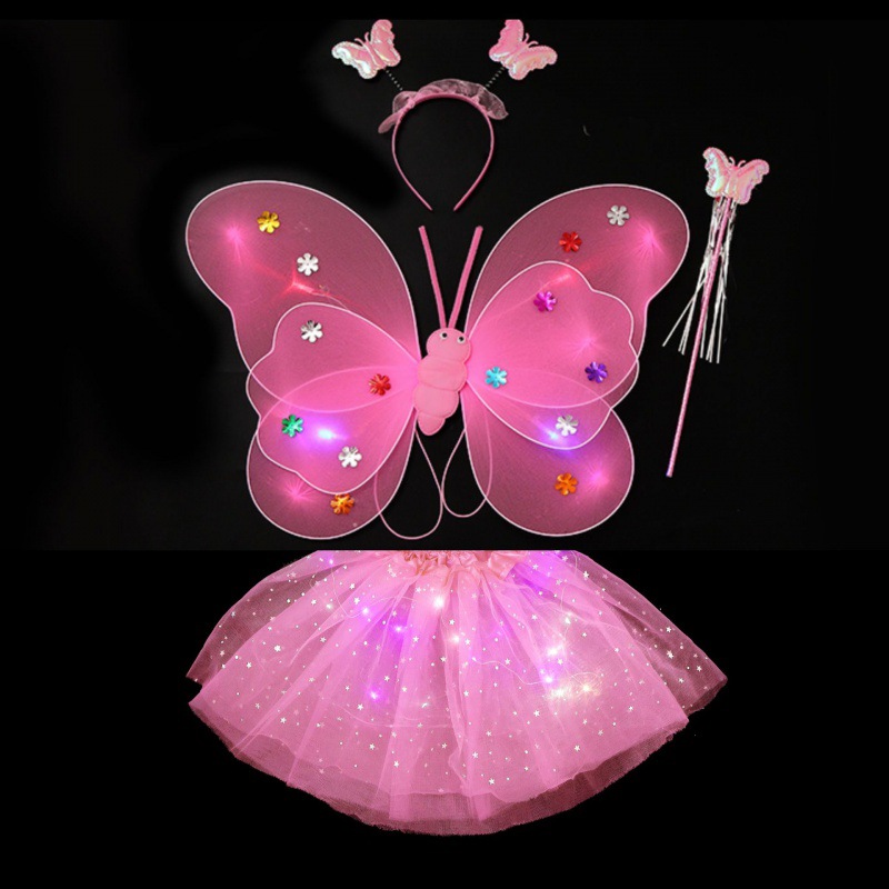 Mariposa luminosa alas de niña espalda juguetes flash niños maravillosos hadas varitas mágicas hadas flores set de tres piezas
