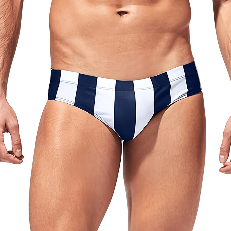 2025 New Men's Triangle European and American Amazon Sexy Cross-border Trade Vertical Striped Elastic Swimming Trunks