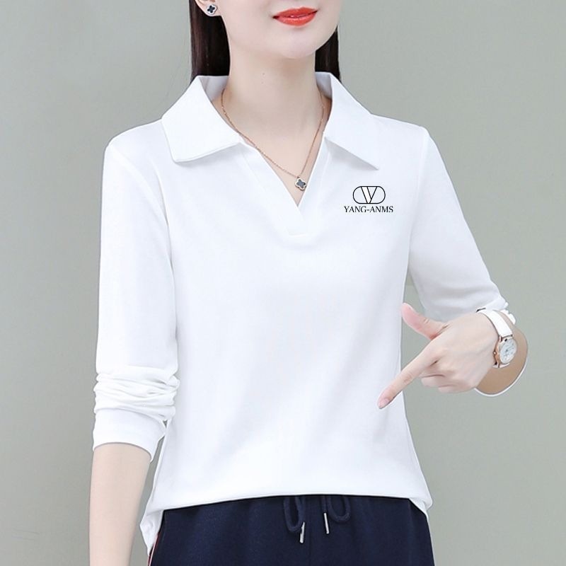 Cross-border Spring and Autumn New Plus Size Loose Fit Slimming Long Sleeve T-Shirt for Middle-aged Mothers, Stylish and Versatile Polo Shirt