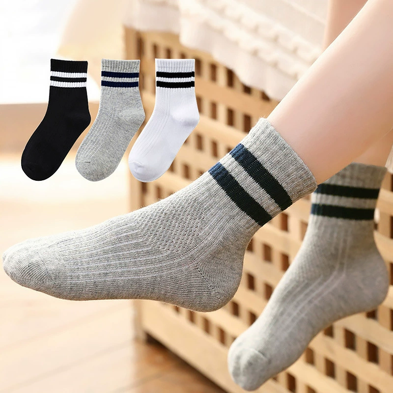Детские носки оптом, тонкие детские носки для мальчиков и девочек, однотонные полосатые студенческие спортивные хлопковые носки средней длины, оптовая продажа