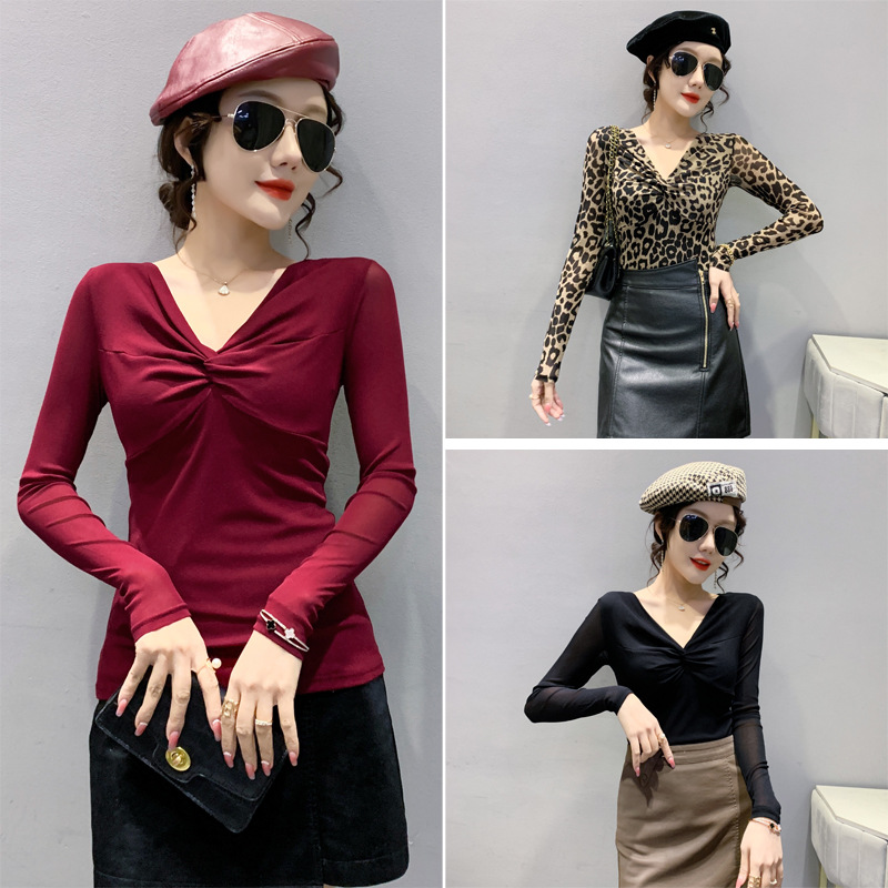 T-shirt da donna slim in rete a maniche lunghe con camicia slim a fondo incrociato_voghion.com