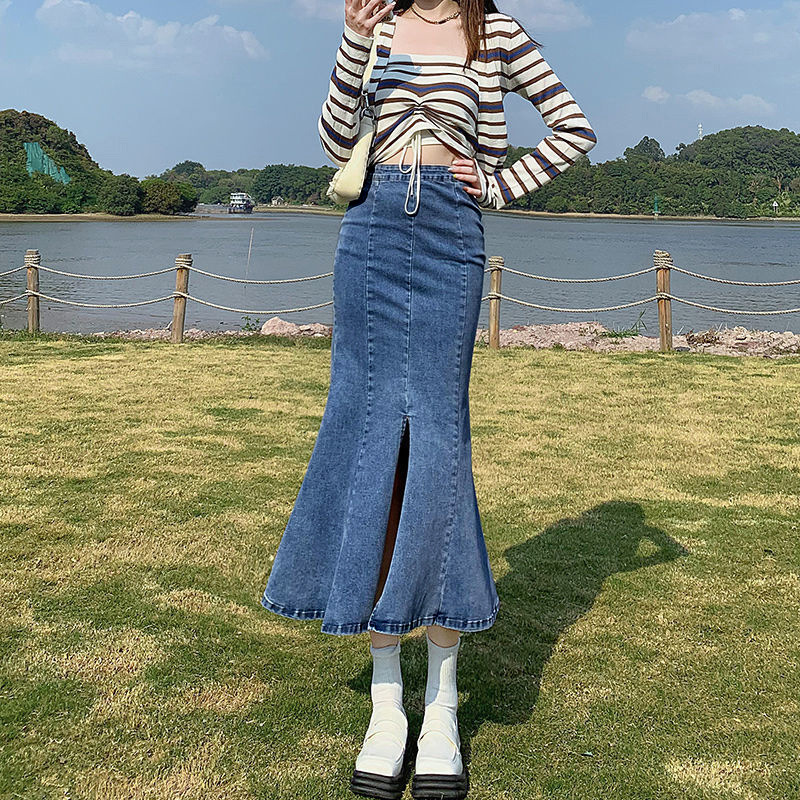 Denim design summer thin long elastic denim skirt