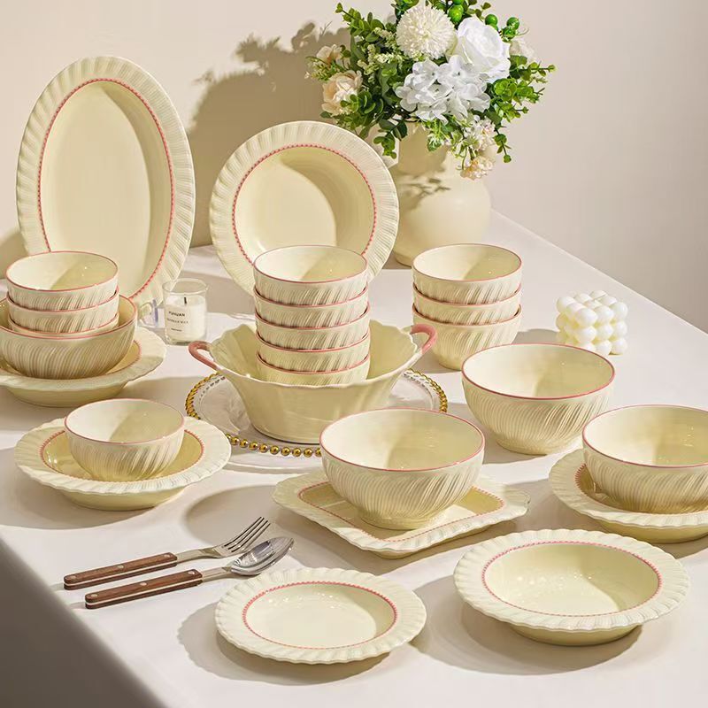 Internet Celebrity Pink Beauty Household Ceramic Tableware Set Cream Style Large Soup Bowl Rice Bowl Dish Plate Round Plate