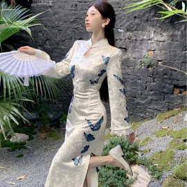 新中式国风旗袍镂空拼接蕾丝盘扣连衣裙女秋冬收腰开叉包臀短裙子