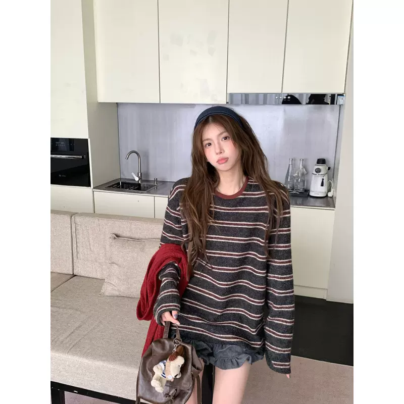 复古条纹长袖t恤打底衫女秋冬新款美式慵懒休闲圆领韩版百搭上衣