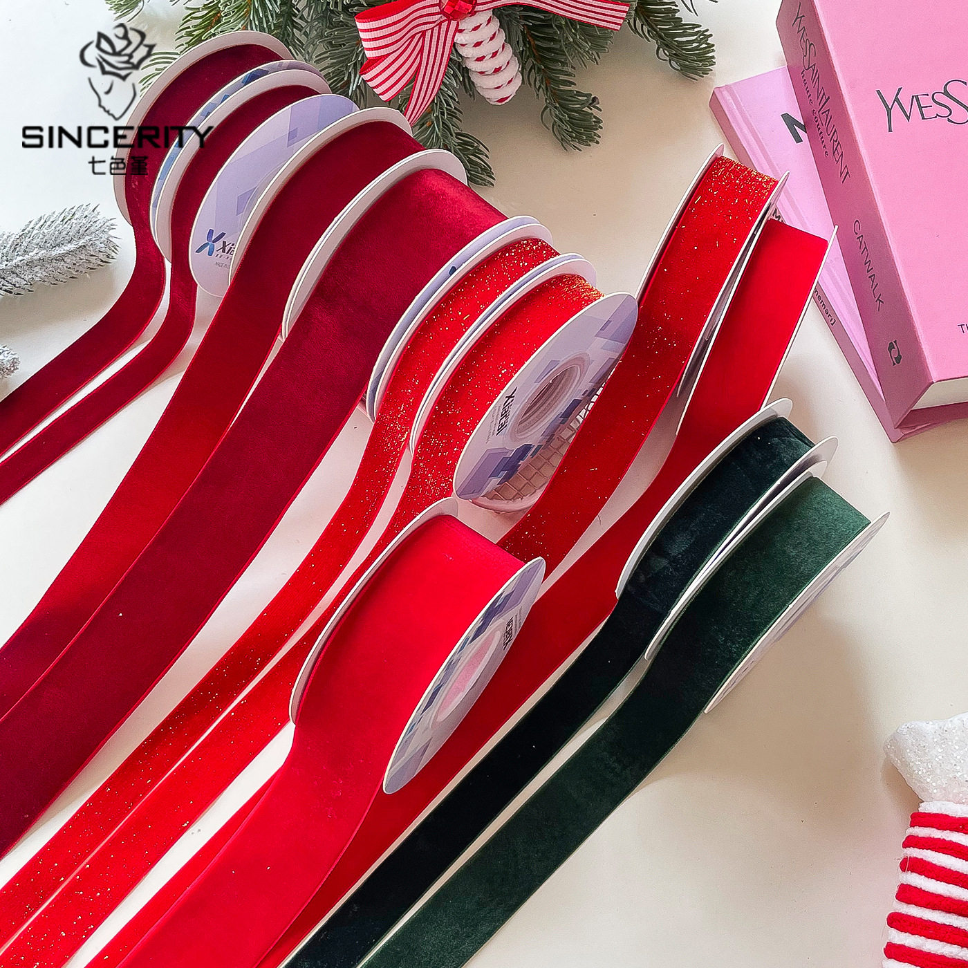 Navidad de siete colores cintas de terciopelo decoraciones de fiestas de mariposa cintas de embalaje de flores cintas de flores