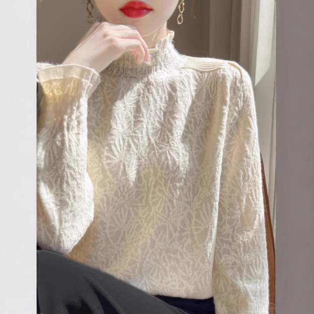 2025 Spring and Autumn New Style Chanel Style Elegant Lace Frural Half High Collar Base Shirt Women's Super Foreign Style Sweater