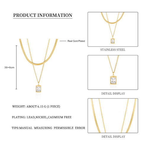 Square diamond pendant necklace, double layered titanium steel plated with 14 gold, simple flat snake chain, fashionable temperament, stainless steel clavicle chain