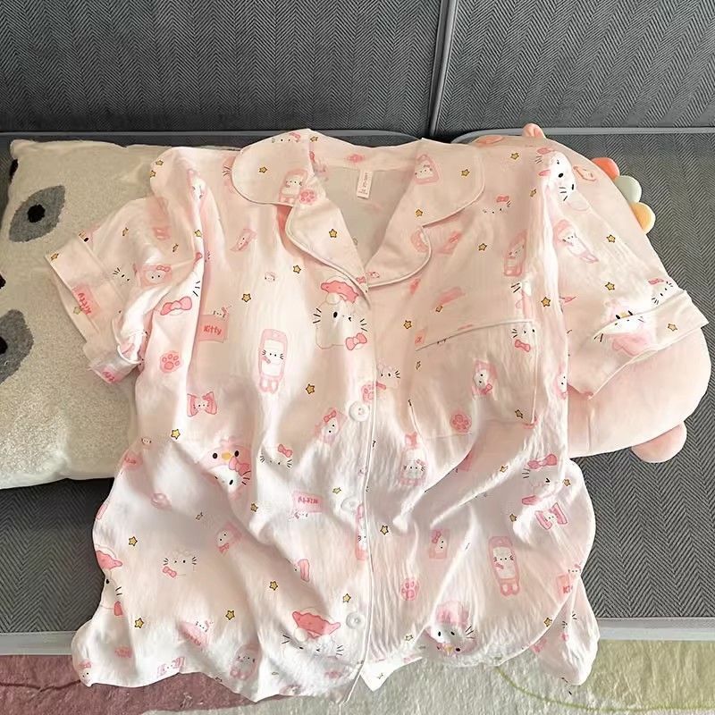 Pijama coreano de primavera y otoño lindo KT gatos cuadrícula pantalones cortos de manga corta cardigan set nubes algodón ropa de hogar se puede usar fuera