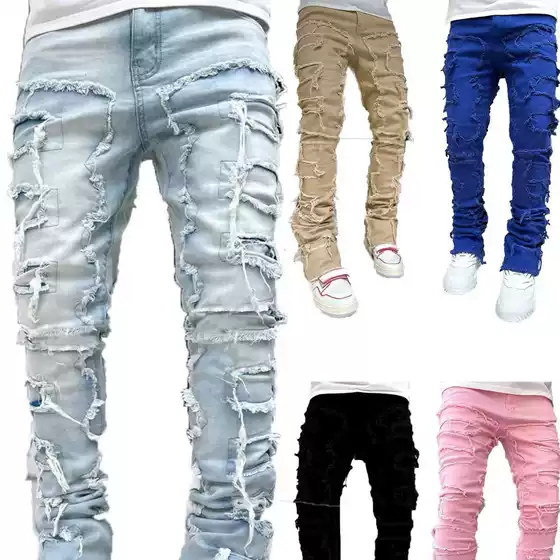 2023 AliExpress cross-border Men's patch multi-color slim fit skinny jeans trendy men's high street trousers