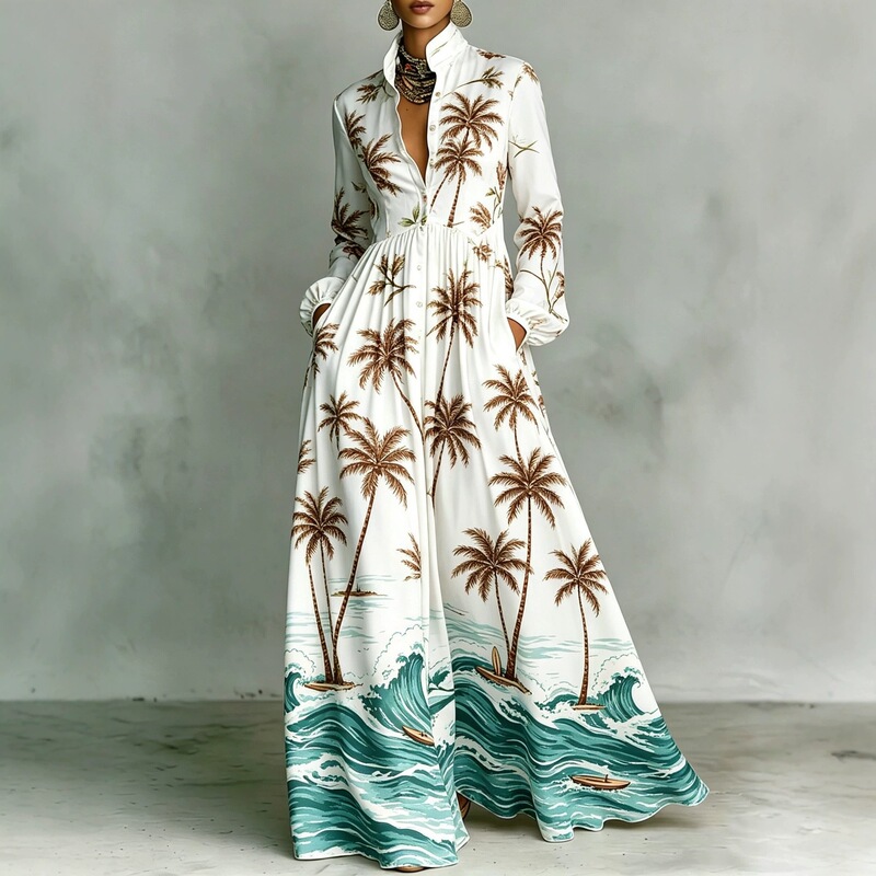 2026 New Cross-Border Foreign Trade Dress, European and American Hawaiian Pattern Digital Print Long Dress