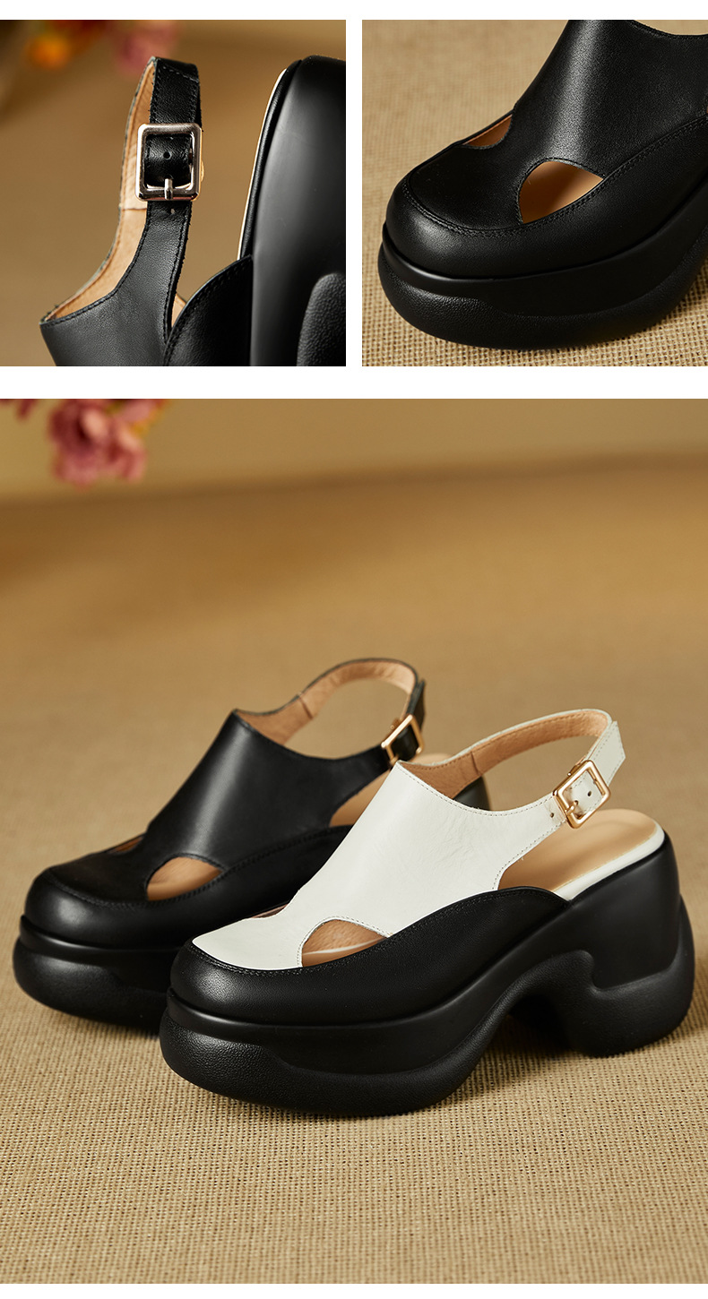 Sandal nữ cao gót đế xuồng platform mũi kín phong cách La Mã, gót 9.5 cm — màu đen, màu trắng chi tiết 10