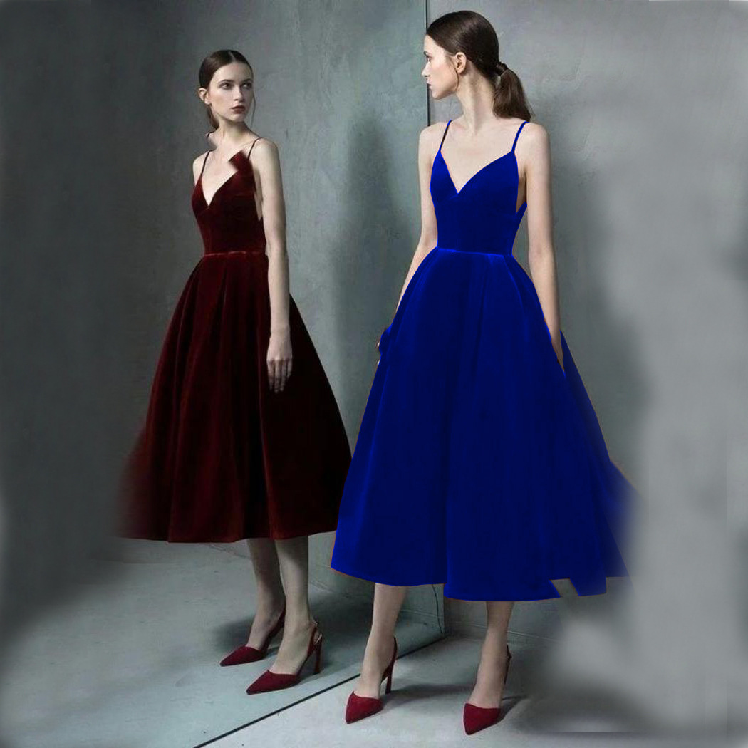 Nueva moda elegante estilo Socialite sin espalda Correa con cuello en V de media longitud vestido de color sólido vestido de banquete de las mujeres