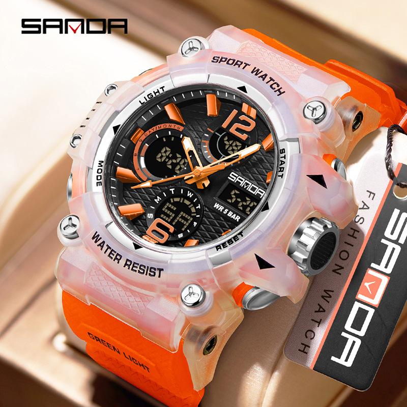 SANDA nuevo reloj de pulsera juvenil transparente al aire libre cool doble reloj de pantalla hombre impermeable luz nocturna reloj electrónico
