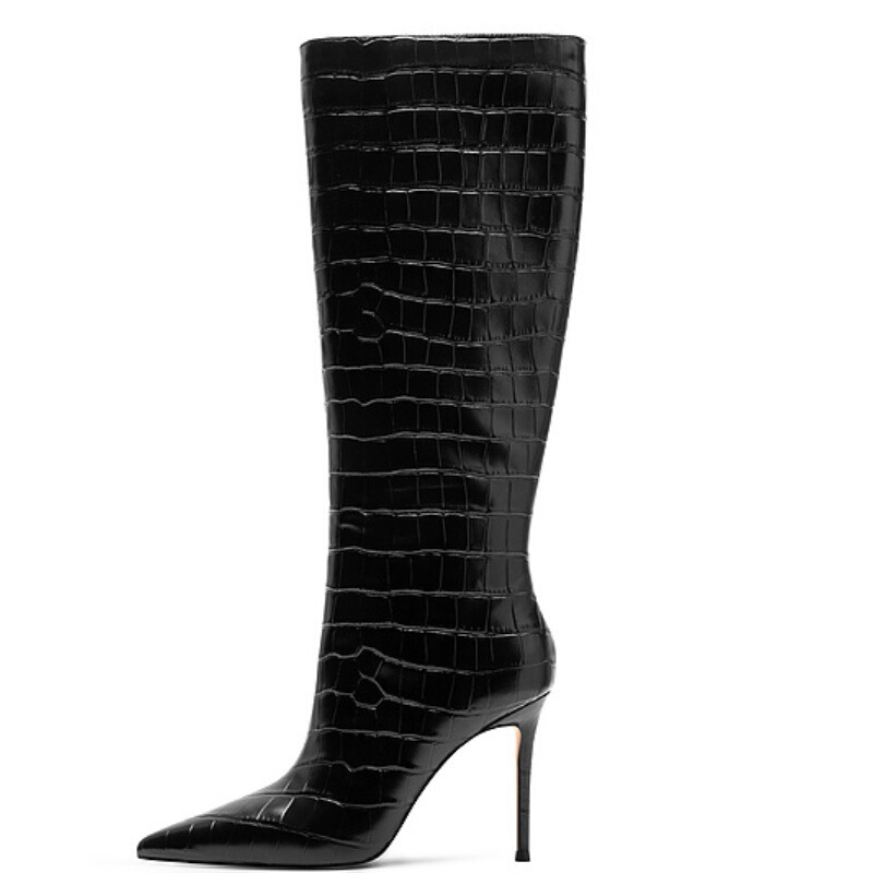 European and American Foreign Trade Pointed Stone Pattern plus size Knee-High Boots High Heel High Boots Side Zipper Slimming Fashion Boots