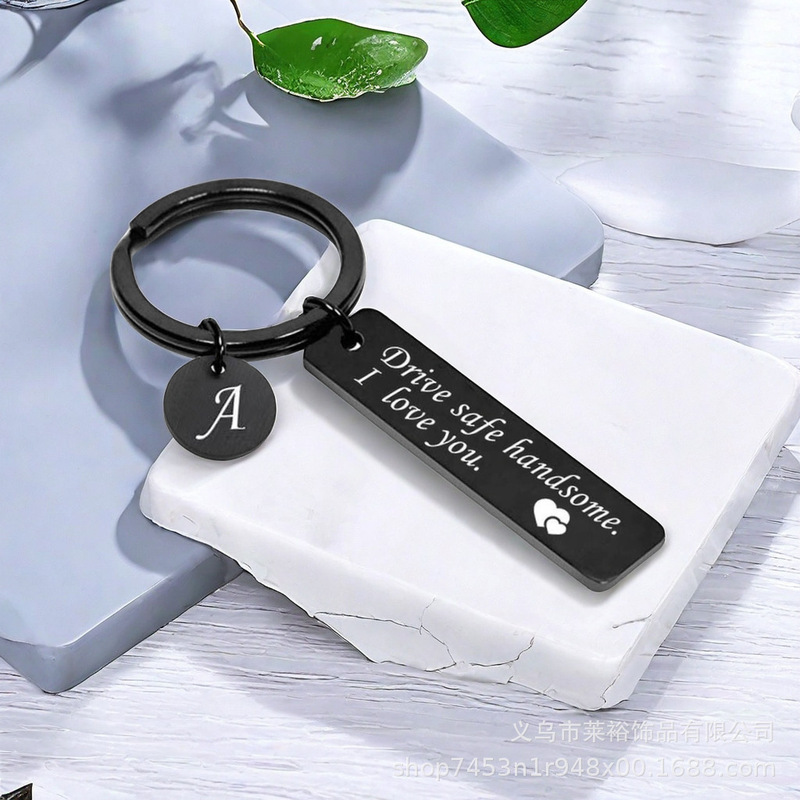 European and American Cross-Border Best-Selling 26-Letter Drive Safe Stainless Steel Keychain Small Gift Graduation Gift Pendant