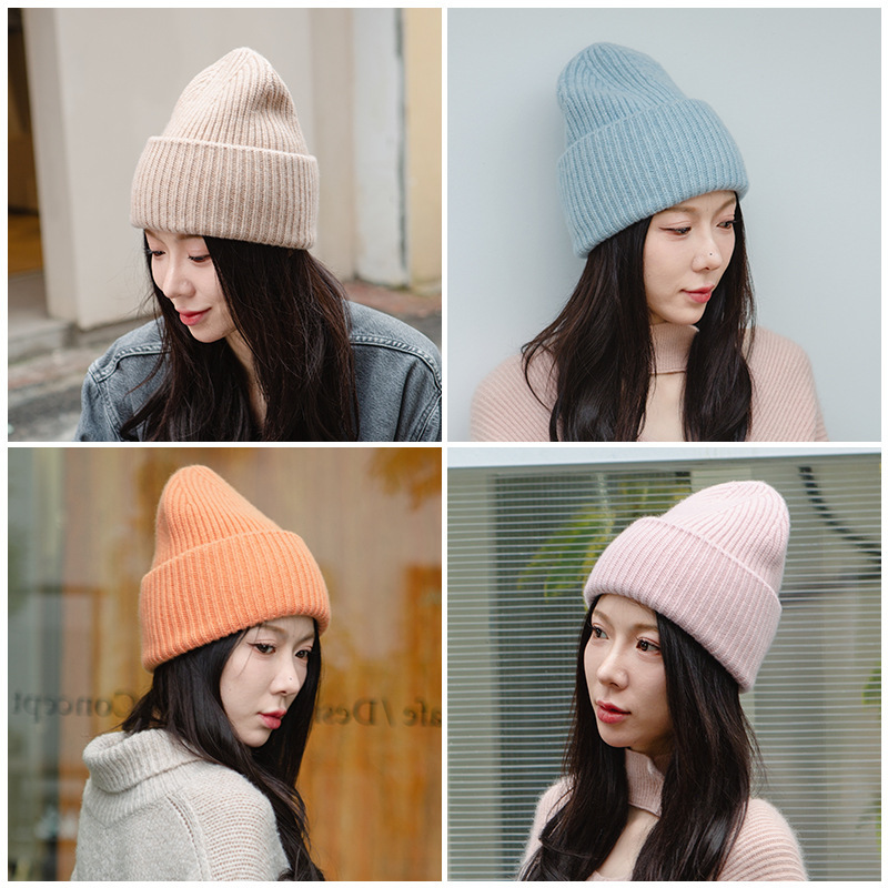 [in stock] Hot-selling 100% Merino Wool Warm Knitted Hat for Autumn and Winter Cross-border Custom Logo Turn-up Cold Hat