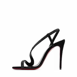 Open-Toe Rhinestone Snake-Shaped Transparent Strap Red-Soled Cl-Style Sandals for Women, Summer Black Thin Heels, Sexy Red Soles