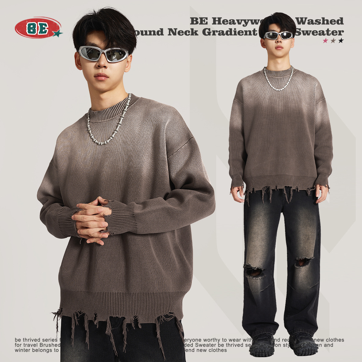 Suéter de Punto para Hombre BE, Otoño/Invierno 2025, Estilo Retro Americano, Marca de Moda, Lavado, Desgastado, Cuello Redondo, Degradado, para Parejas