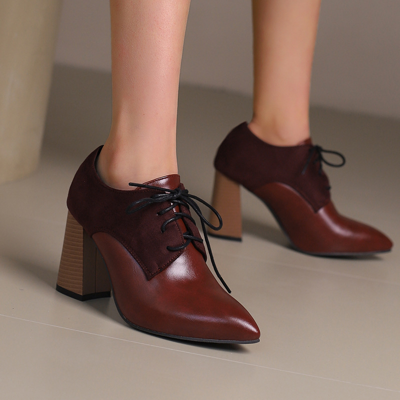2024 New stitching lace-up ankle women's shoes pointed single-layer shoes thick high heels 40-50 plus size foreign trade shoes