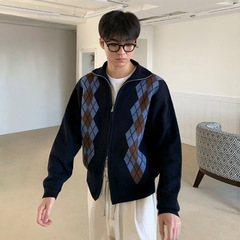 Myq立襟ニットカーディガン男性秋冬韓国版ゆるい怠惰なジッパー菱形セーターコート潮