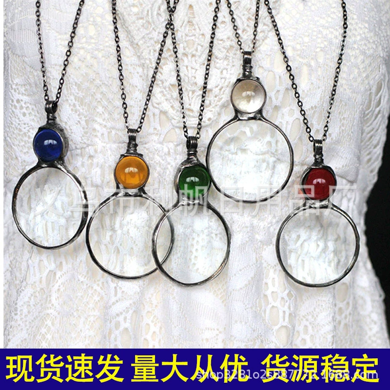 Pendant (Grands) Loupe Necklace, Magnifying Glass Pendant, Imitation Gold, 8.5×4.5 cm, 80 cm Chain