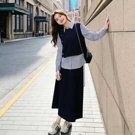 藏青色条纹假两件卫衣套装裙女春季2026年女款一整套半身裙两件套
